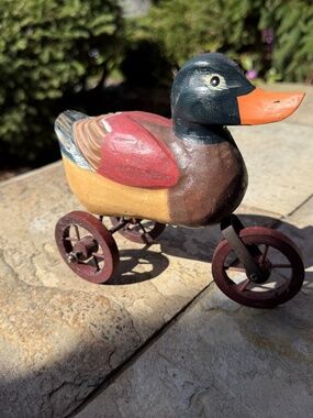 Vintage Hand Carved Wooden Duck Toy On Wheels Decor Painted- Mallard.